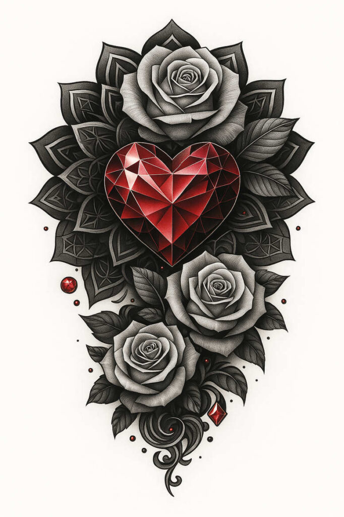 Heart: red geometric gemstone centered amid grayscale roses and dark leaves; black and grey shading; tattoo project idea; perfect for a cover-up.