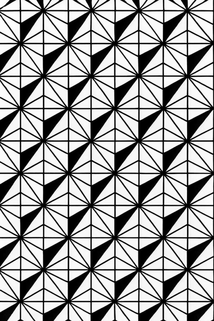 Geometric pattern of triangles and lines forming a square grid; black and white tattoo project idea, suitable for cover-up.