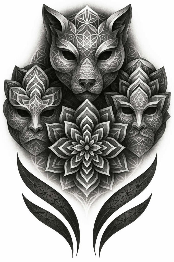 AI-generated tattoo design concept in black and grey: three mask faces around a geometric lotus with layered leaves; cover-up-ready.