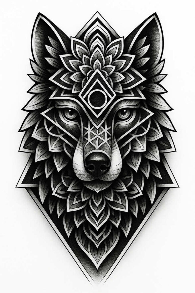 Wolf in black and grey with geometric pattern; AI-generated tattoo project; cover-up ready.