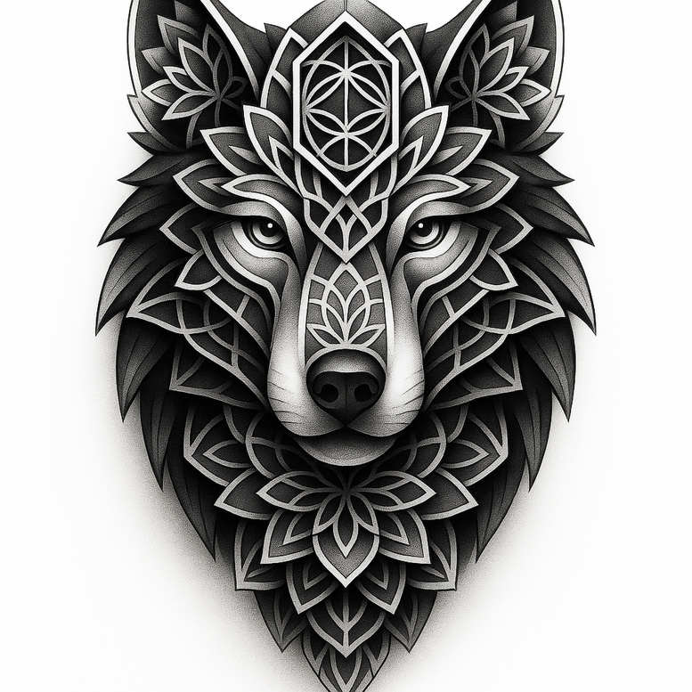 Wolf head tattoo in black and grey with geometric mandala patterns; AI-generated tattoo project; cover-up ready.