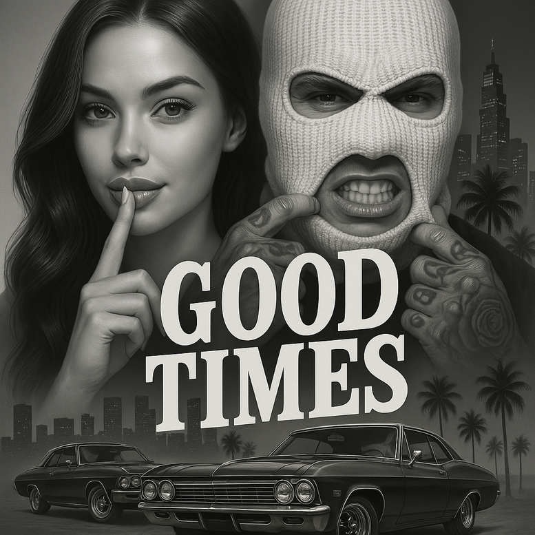 Black and grey: woman, mask, cars, text, city skyline, palm trees; AI-generated tattoo project idea; cover-up suitable.