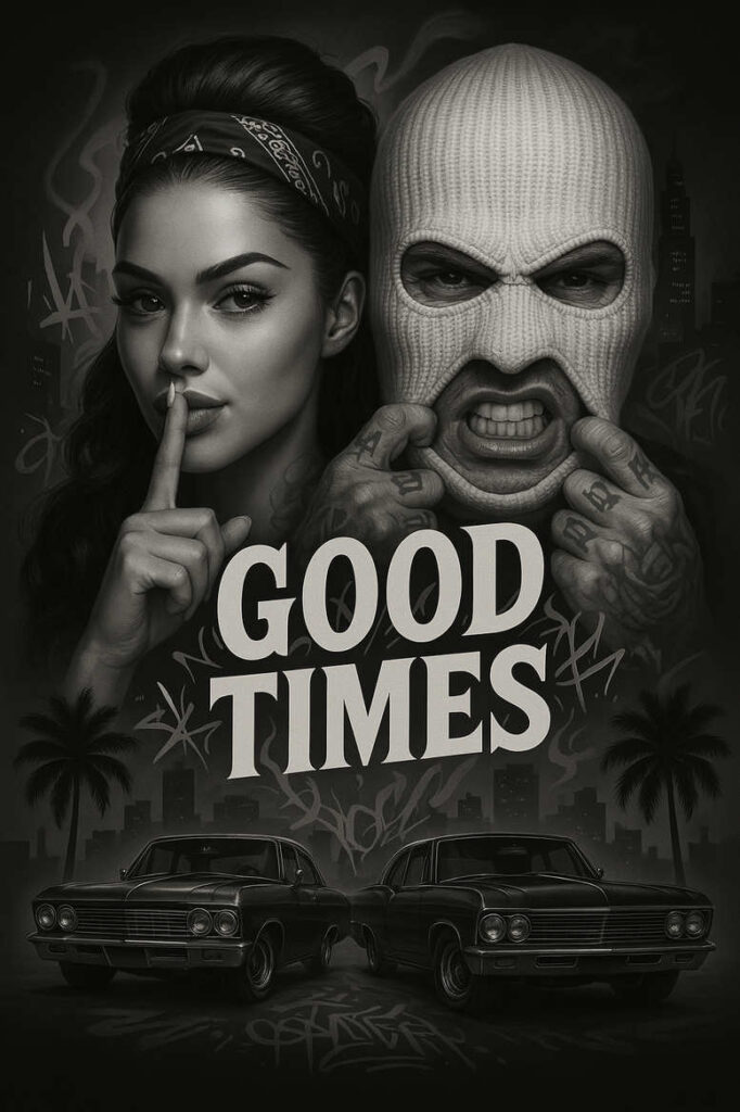 Woman with dark hair and a bandana beside a masked man in grayscale; two classic cars, cityscape, and palm silhouettes; black and grey; AI-generated tattoo project; cover-up-ready.