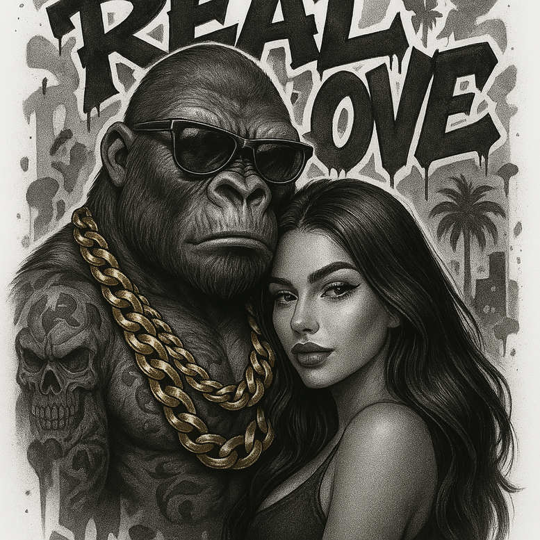 Gorilla with sunglasses and a gold chain beside a woman; grayscale scene with palm silhouettes; tattoo project, cover-up ready.