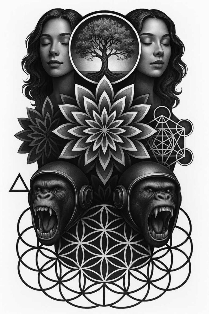 Face, gorilla, tree in circle, flower mandala, helmet; black and grey; AI-generated tattoo project; cover-up-ready.