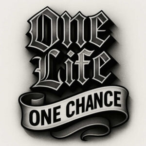 Banner with Gothic lettering spelling 'One Life One Chance' in black and grey; AI-generated tattoo project, cover-up-ready design.