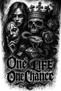 Black and grey tattoo design with a woman, mask, skull wearing a crown, snake, roses, and dice; AI-generated tattoo project; perfect for a cover-up.