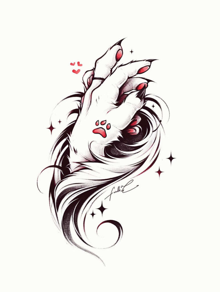 Hand with flowing hair in black and grey shading, pink pawprint on palm, small hearts and stars; tattoo design idea, suitable for cover-up.