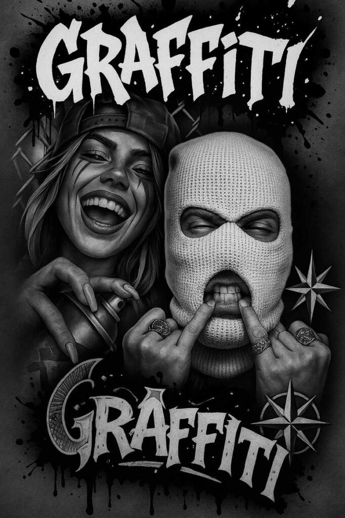Two figures in a black-and-grey scene: a smiling woman beside a balaclava wearer; spray can, ring, and star motifs visible in a tattoo project idea, suitable for a cover-up.
