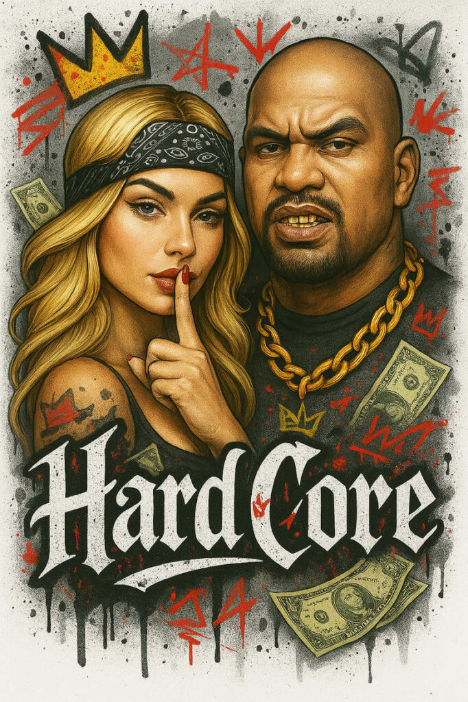 Two tattooed figures: woman with blonde hair and black bandana, and a man with a thick gold chain; color image; project idea; features graphic pattern elements; suitable for a cover-up.