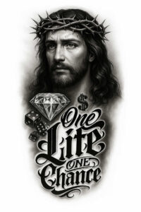 Jesus portrait in grayscale with crown of thorns, diamond, dice, and ornate script 'One Life One Chance'.