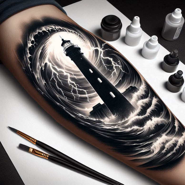 Lighthouse silhouette amid black-and-grey waves with white lightning; a tattoo project with pattern, suitable for a cover-up.