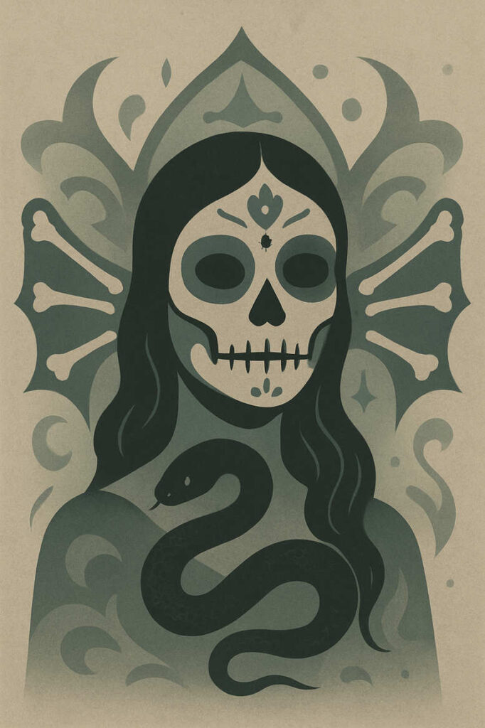 Skull, snake, and long hair in black and grey on a patterned backdrop; tattoo project idea; cover-up suitable; pattern