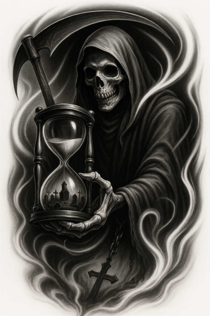 spirit-of-death – tattoo design ideas free ai generated – ominous – for-lower-leg – Gallery: grim-reaper-inkby-ai
