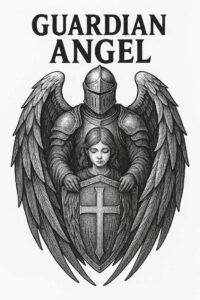 Knight in armor with wings, a girl between shield and hands, black and grey ink; AI-generated tattoo project; ideal cover-up.