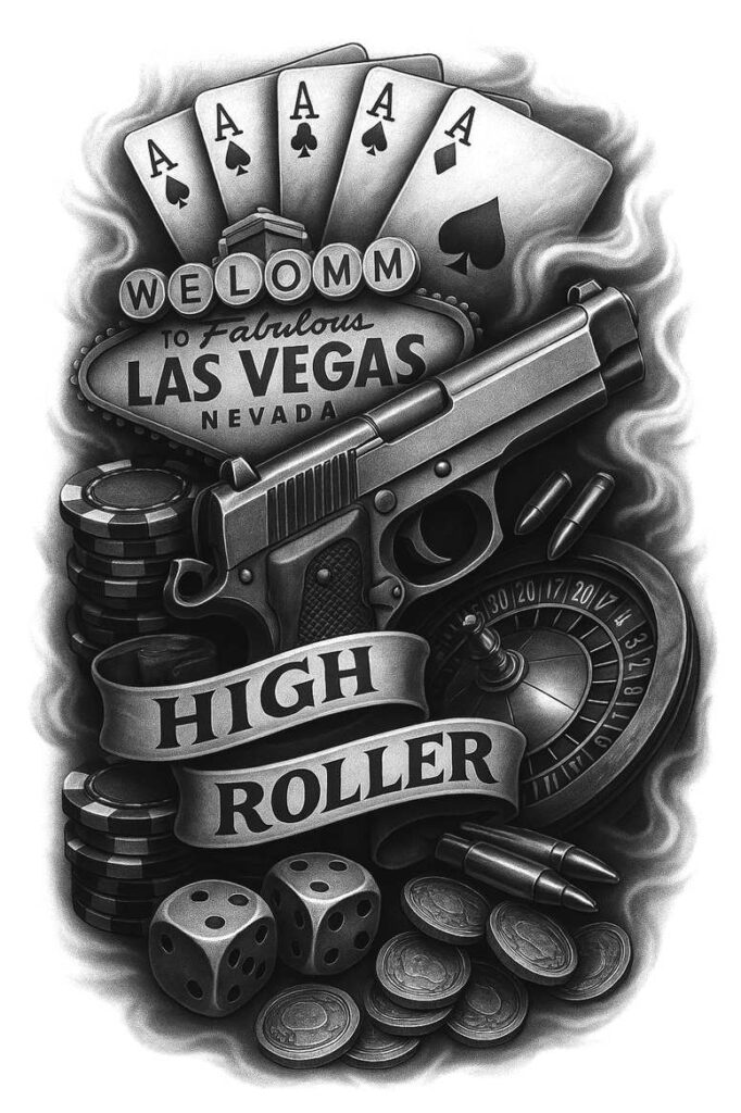 Gun, cards, Las Vegas sign, banner, roulette wheel, dice, chips, coins, bullets in black and grey; tattoo project; cover-up ready.