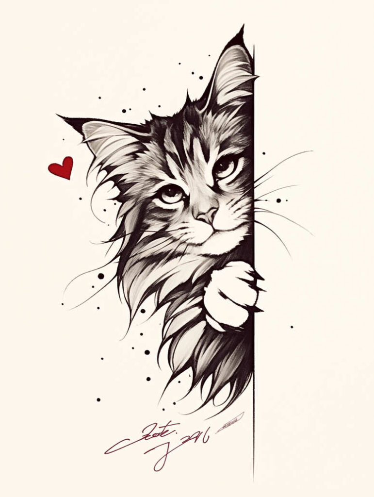 Cat and red heart in black and grey sketch; cat peeks from behind a vertical line; tattoo project idea; not ideal for a cover-up.