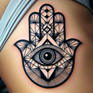 Hamsa hand tattoo with an eye at center, black and grey geometric shading; a tattoo project idea; suitable for cover-up.