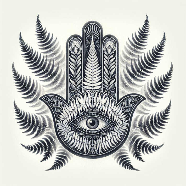 Hamsa hand with an eye in the palm, black and grey lines, surrounded by fern fronds; AI-generated tattoo project concept.