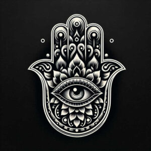 Hamsa hand with an eye in the palm, black and grey linework with ornate ornament; project idea, ideal for a cover-up.