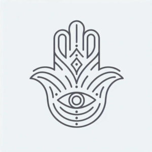 Hamsa hand tattoo design featuring an eye in the palm, rendered in bold black linework with geometric ornamentation.
