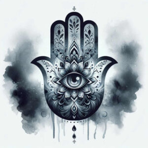 Black and grey hamsa hand tattoo design idea featuring an eye at the center and a layered mandala; project idea, not ideal for cover-up.
