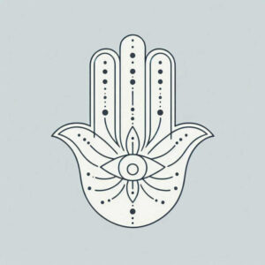 Hamsa hand with eye, black linework on gray background; project idea, suitable for cover-up.