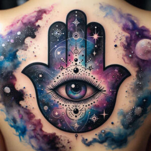 Hamsa hand with central eye, stars, and cosmic splashes in purple, blue, and pink; full-color tattoo design, not a cover-up.