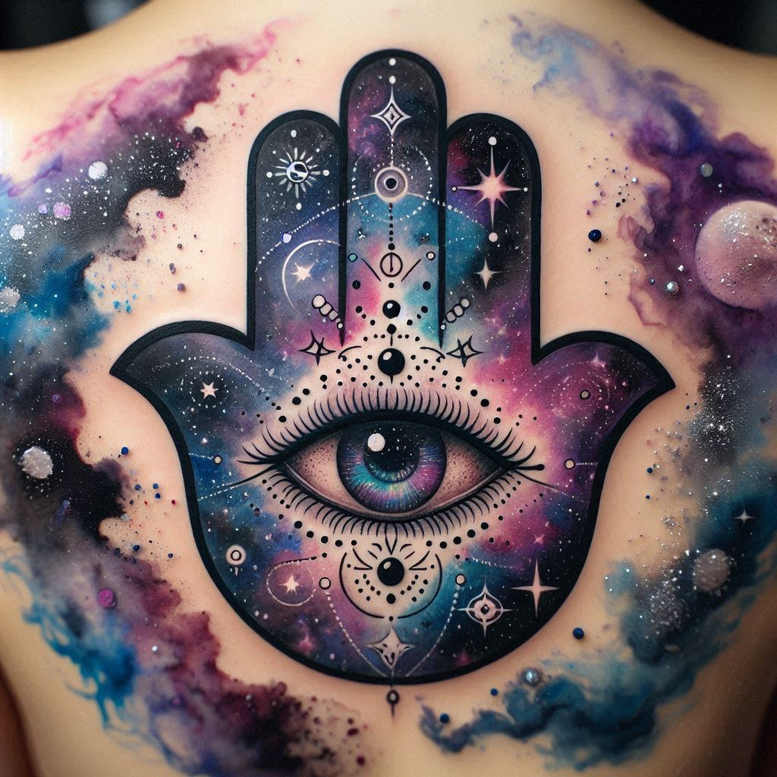 Hamsa hand with central eye, stars, and cosmic splashes in purple, blue, and pink; full-color tattoo design, not a cover-up.