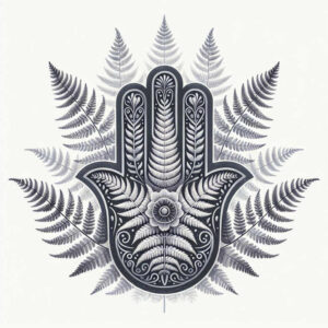 Hamsa hand tattoo design in black and grey with fern fronds and a central flower; concept for a tattoo project; not suitable for a cover-up.