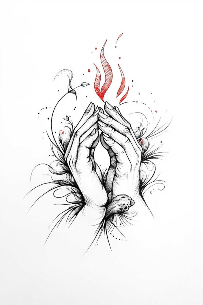 Hands cupping a stylized flame in black-and-grey ink with red accents; tattoo design idea; not specifically for cover-up.