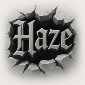 Word Haze in 3D gray gothic lettering breaking through a cracked-wall pattern; black and grey tattoo design concept; cover-up suitable.