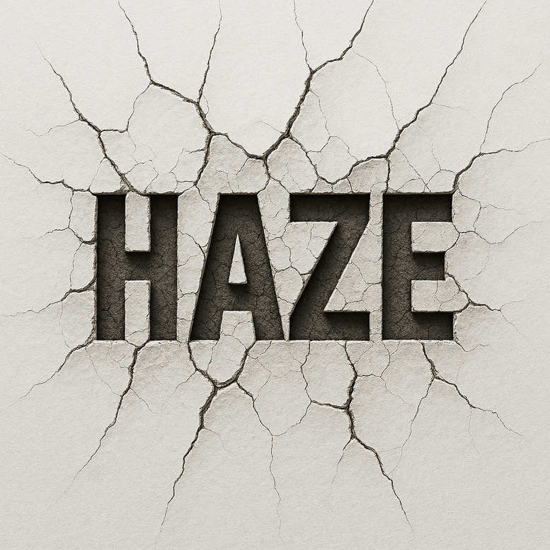 Haze word carved on a pale cracked wall in black and grey; pattern of fractures surrounds bold lettering; project concept.