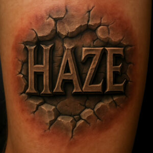 Word 'HAZE' in bold 3D lettering on cracked black-and-grey earth; a tattoo project ideal for cover-up.