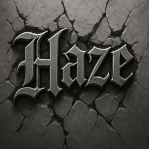 Text 'Haze' in black Gothic lettering on cracked grey stone; cracks and stone visible; black and grey ink project; cover-up capable.