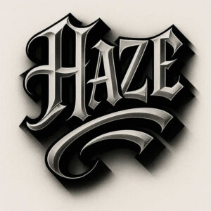 Haze word in black and grey gothic lettering with bold shadow and decorative flourish; tattoo design project.