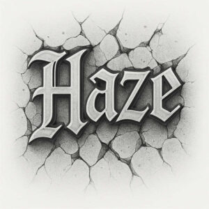 Text 'Haze' in black and grey, 3D Gothic lettering; cracks in wall; tattoo project idea; not ideal for cover-up.