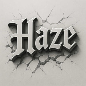 Haze text in three-dimensional bold lettering on a cracked grey wall; black and grey tattoo design concept, suitable as a cover-up.