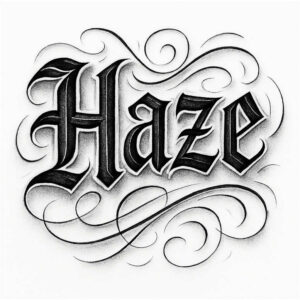 Black and grey lettering spelling 'Haze' with elaborate gothic serif and decorative swirls; a tattoo design concept, AI-generated, not intended as cover-up.