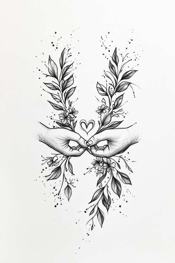 Two hands shaping a heart amid botanical vines, black and grey; a tattoo project idea with cover-up potential.