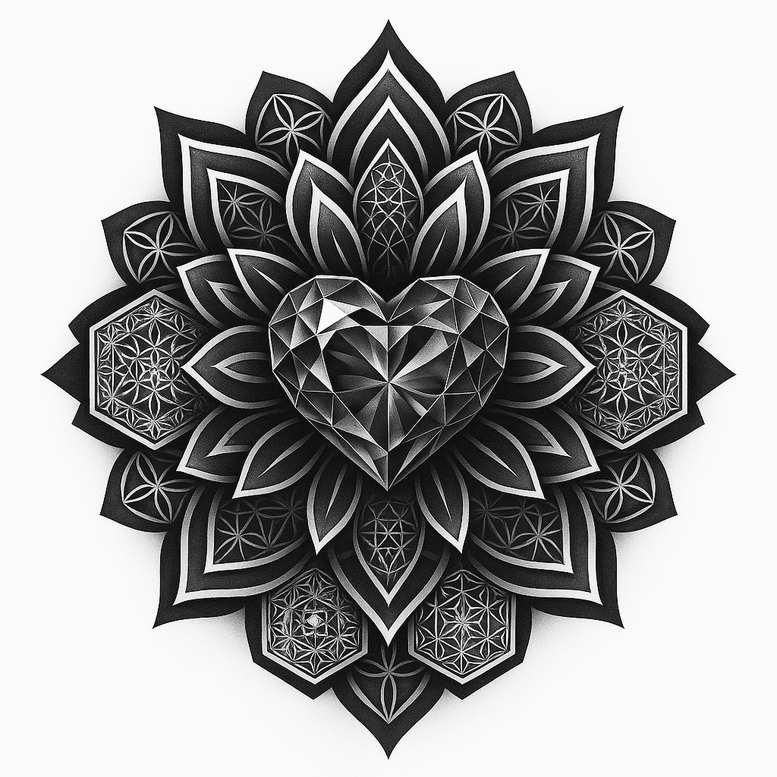 Black and grey heart at center with layered petals forming a mandala; visible elements: heart, petal, mandala, pattern; project concept; suitable for cover-up.