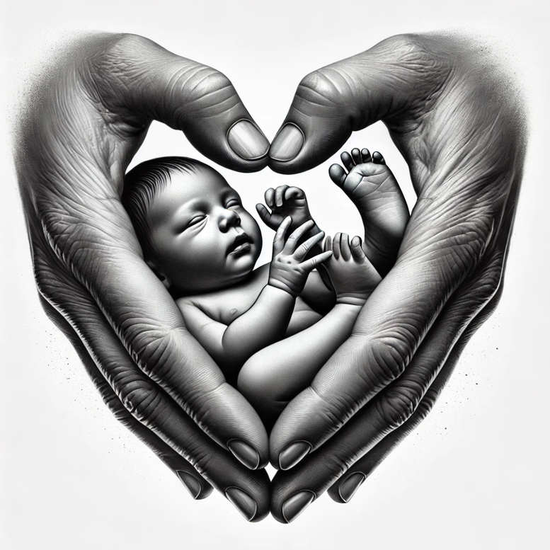 Two hands form a heart around a sleeping baby; grayscale; tattoo project idea; cover-up: no.