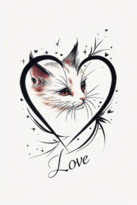 Cat, heart outline, and 'Love' script; black and red ink on white; tattoo design idea; not ideal for cover-up.