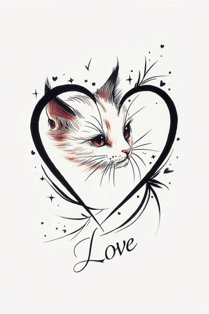 Cat, heart outline, and 'Love' script; black and red ink on white; tattoo design idea; not ideal for cover-up.