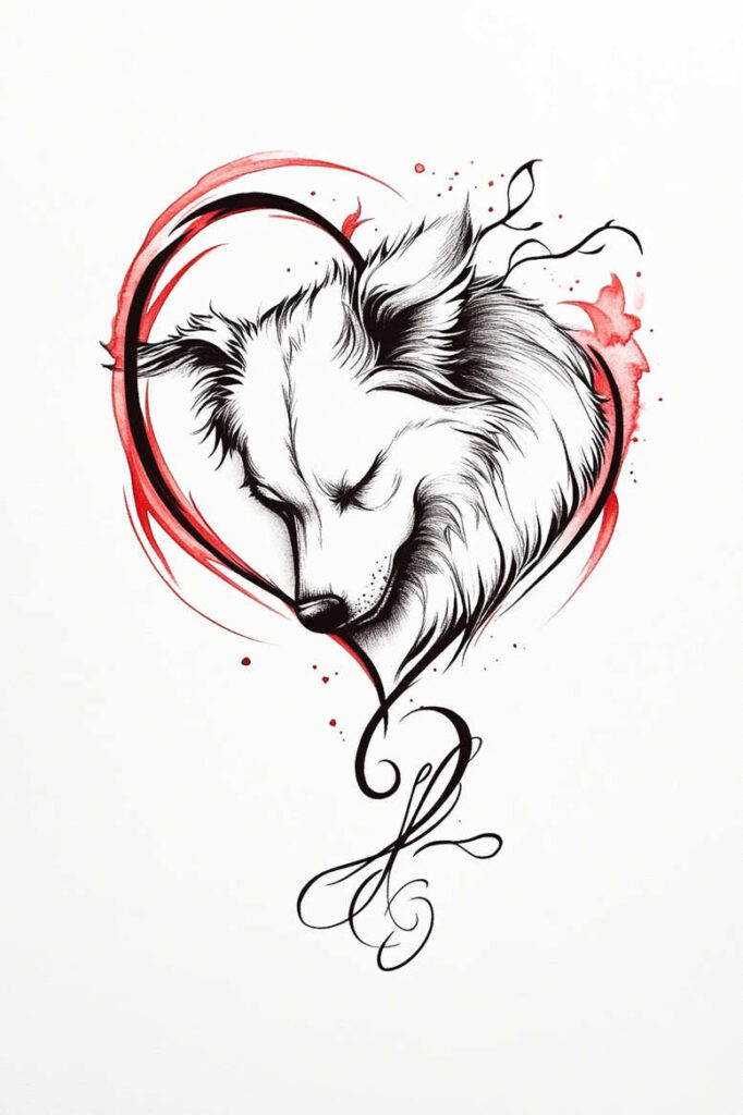 Black and red linework: a wolf head inside a heart formed by curved strokes, with decorative swirls and red splashes; tattoo design project; not intended as cover-up.