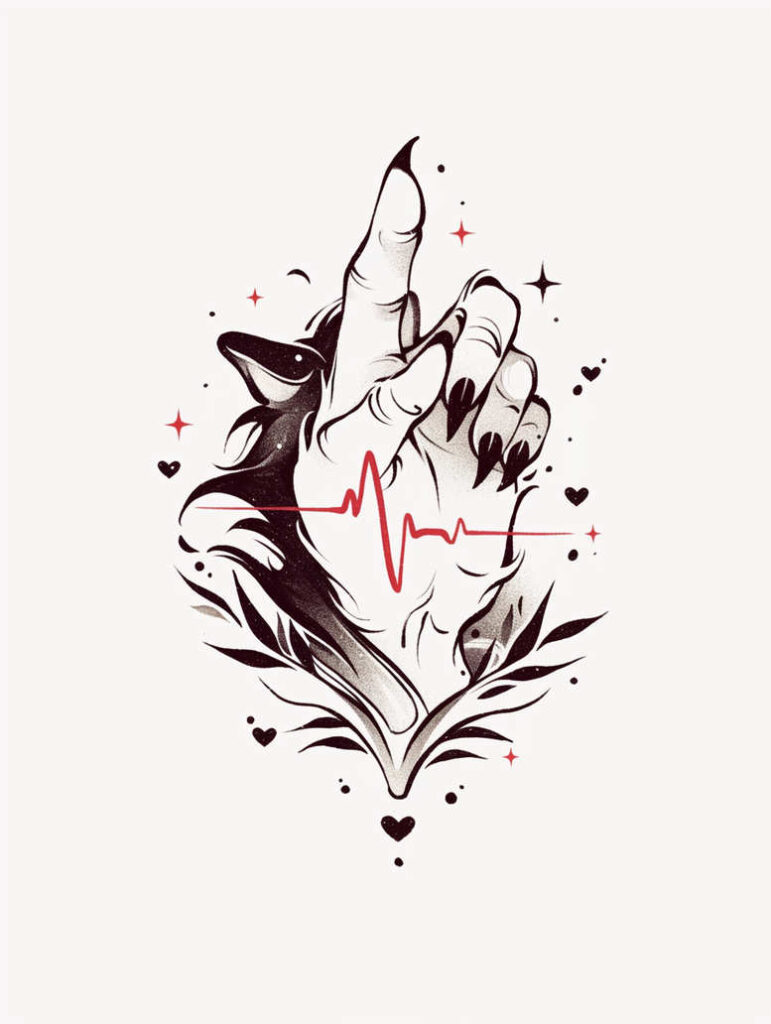Hand tattoo design in black and grey with a red heartbeat line, leaves, and stars; pattern-ready concept.