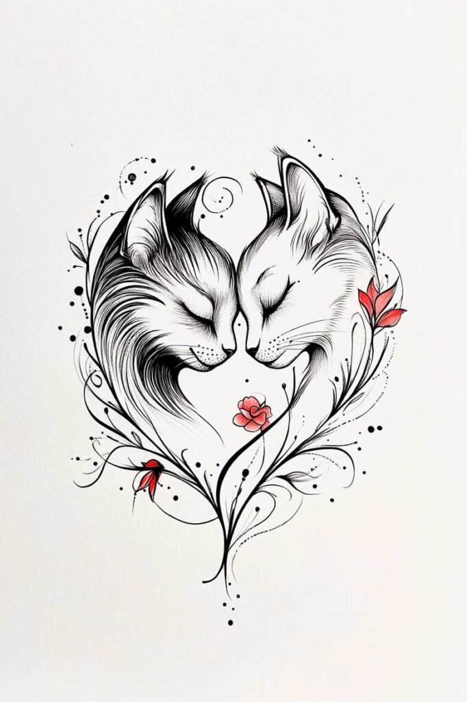 Two black-and-grey cats in profile, facing each other to form a heart, with intertwining pattern stems and red petals; project design; not ideal for cover-up.