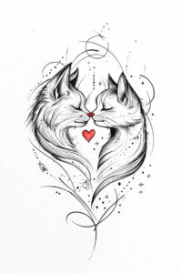 Two cats in black and grey linework form a heart-shaped silhouette with a red heart at the center; a tattoo project suitable for a cover-up.