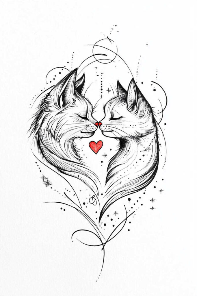 Two cats in black and grey linework form a heart-shaped silhouette with a red heart at the center; a tattoo project suitable for a cover-up.