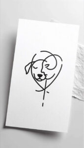 Dog and heart line art on white card; black ink; tattoo idea, AI-generated project; not ideal for cover-up.